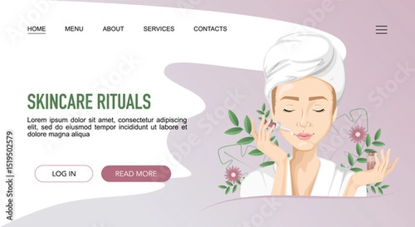 Obraz Skincare rituals spa Landing web page with woman having beauty routine