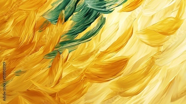 Fototapeta Vibrant strokes of golden yellow and green, resembling the movement of leaves blowing in the wind, with soft smears blending into an organic, flowing pattern.