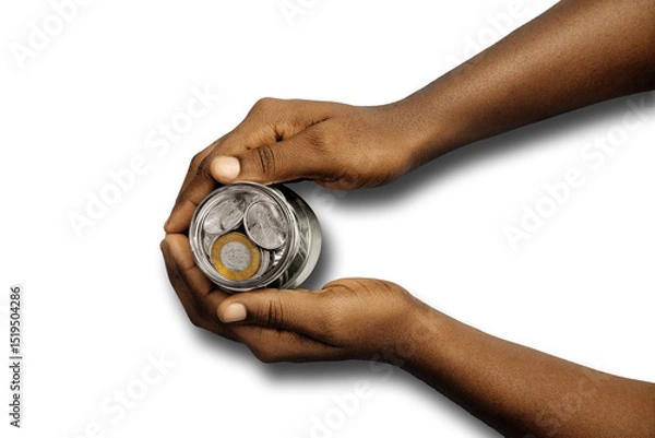 Obraz Top flat view of Black Hand holding transparent clear glass bottle jar containing Ghanaian cedis pesewas coins over transparent background. Investment savings and interest concept