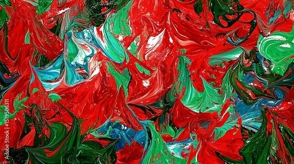 Fototapeta Vibrant red, green, and blue paint smears creating abstract patterns that evoke a sense of energy and movement, resembling a chaotic yet harmonious scene.
