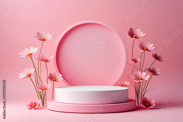 Obraz  Blank podium with pink roses on pink background. Showcase for product, perfume, jewelry and cosmetic presentation 