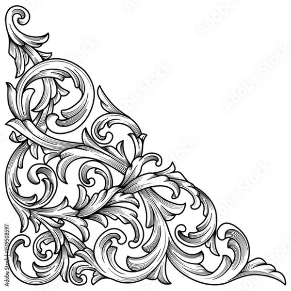 Obraz Classical baroque corner engraved ornament. Vintage filigree decorative border frame calligraphic element.