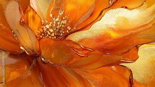 Fototapeta Warm amber and ochre smears with touches of shimmering gold, blending to form a bold, textured abstract floral design with deep movement.