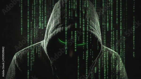 Fototapeta Male hacker with the hood, green code characters and digits like a digital rain. Reflect on his face in a dark office room