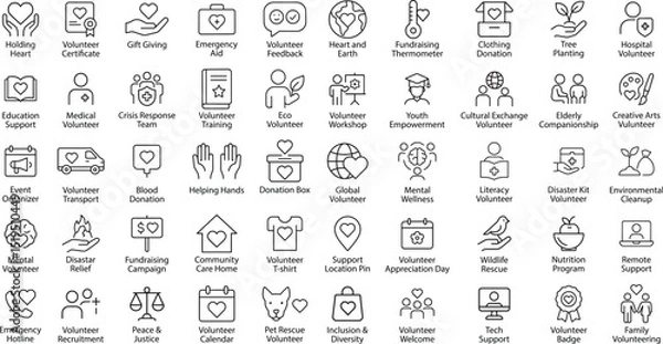 Obraz Volunteer Work Line Icons, Vector Illustration.