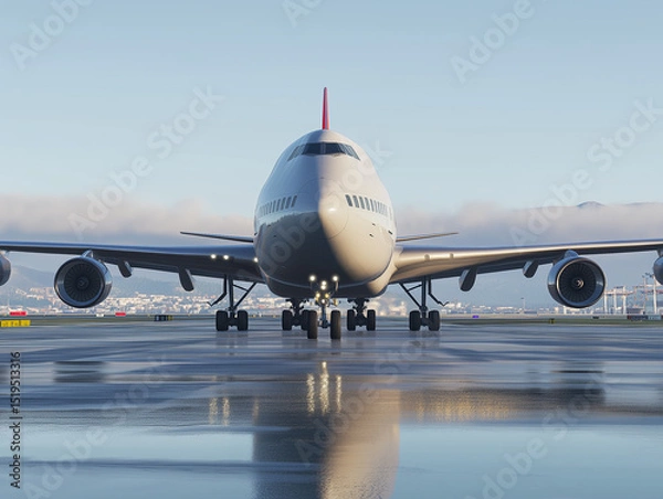 Fototapeta Jumbo jet airplane taxiing on wet runway at dawn