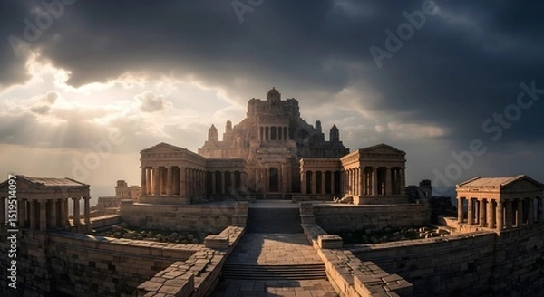 Obraz Grand Ancient Temple Complex: Majestic Architecture Under Dramatic Sky 