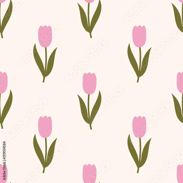 Fototapeta Hand Drawn Pink Tulip with Leaves Seamless Pattern. Festive Floral Background with cute Flowers for Greeting card Wallpaper Wrapping Paper design. Repeat vector illustration