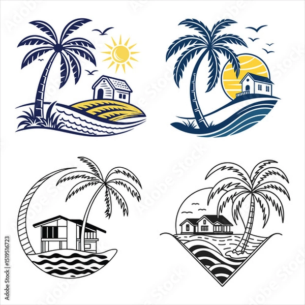 Fototapeta A set of minimalist tropical resort vector line art for hotel branding with palm tree
