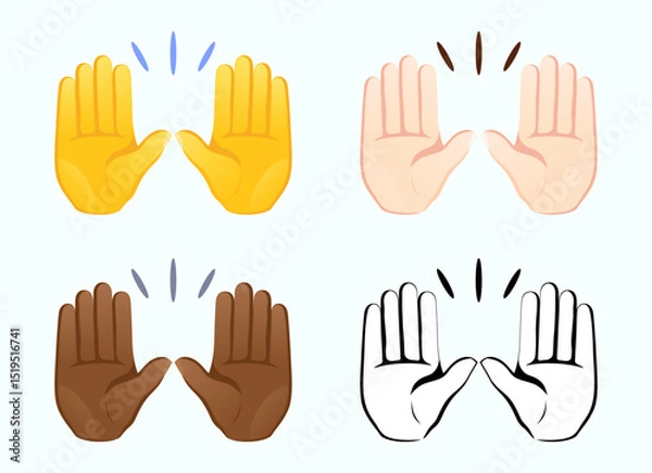 Fototapeta Raised hands emoji. Gesture icon of different skin tones. Vector illustration. 
