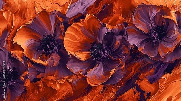 Fototapeta Warm terracotta smears mixed with cool lavender streaks, forming abstract, painterly flowers with deep texture and fluid, organic lines.