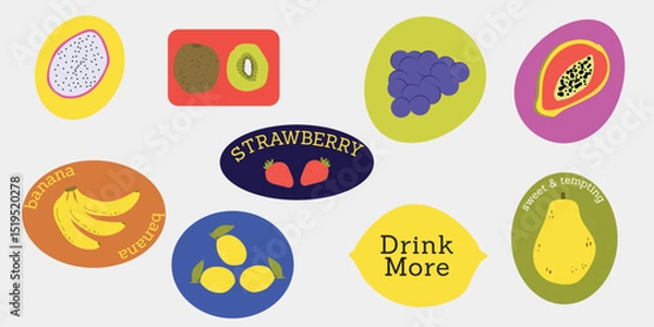 Fototapeta Fruits stickers collection. Tropical fruit and berries. Set of summer label for print, web design. Vector illustration