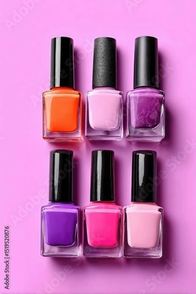Fototapeta Six colorful nail polish bottles arranged on a vibrant pink background.