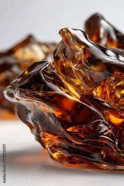 Fototapeta Close-up of glossy, amber-colored glass art with intricate, flowing textures and abstract shapes.