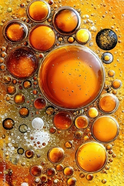 Fototapeta Abstract close-up of bubbles in golden liquid, creating a vibrant, colorful pattern with various sized circles and a shimmering texture.