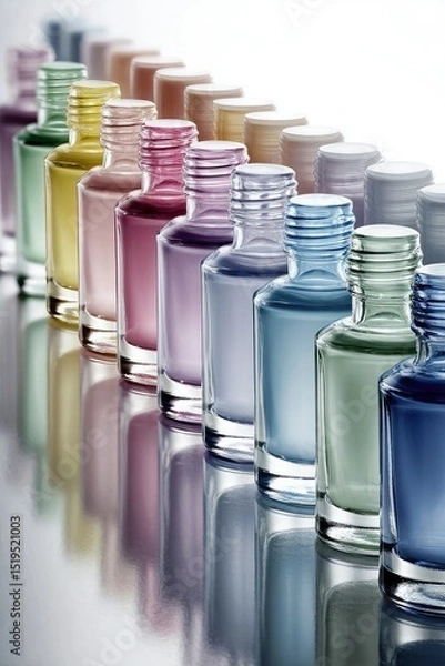 Fototapeta Colorful glass bottles arranged in neat rows, showcasing a gradient of pastel shades on a reflective surface.