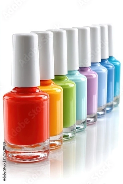 Fototapeta Colorful nail polish bottles arranged in a neat row, each featuring a different vibrant shade with white caps.