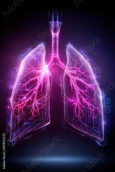 Fototapeta A glowing digital illustration of human lungs with neon lines and a futuristic, technological design on a dark background.