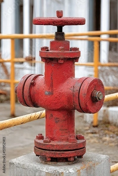 Fototapeta A close-up of a red industrial fire hydrant outdoors, with yellow railings and blurred buildings in the background.