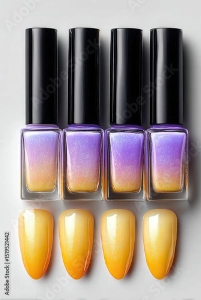Fototapeta Four bottles of gradient purple-yellow nail polish with matching yellow ombre nail samples displayed below.