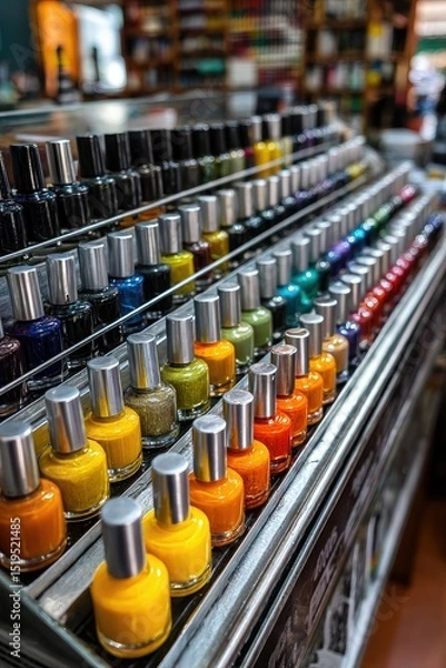 Fototapeta A vibrant display of colorful nail polish bottles neatly arranged on shelves in a beauty store.