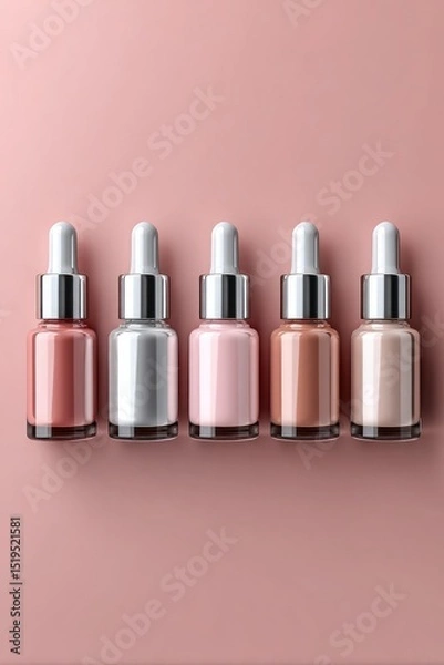 Fototapeta Five dropper bottles with different shades of liquid are arranged in a row on a pink background, suggesting beauty or skincare products.