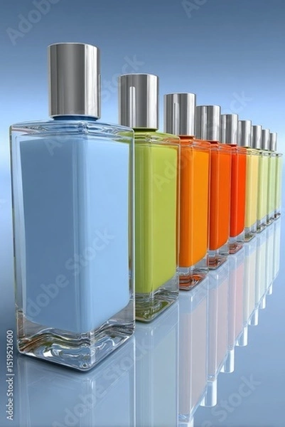 Obraz Colorful glass bottles with metallic caps arranged in a neat row, reflecting on a glossy surface against a blue gradient background.