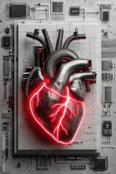 Fototapeta A metallic heart with glowing red neon veins is mounted on a circuit board, blending human anatomy with futuristic technology.