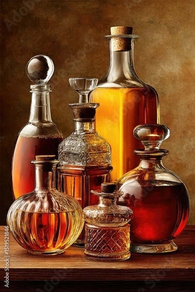 Fototapeta Elegant glass decanters filled with amber-colored liquors are arranged on a wooden surface against a warm, textured background.