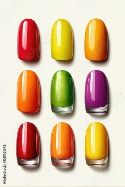 Fototapeta Nine artificial nails painted in vibrant shades of red, yellow, orange, green, and purple, arranged in a neat grid on a light background.