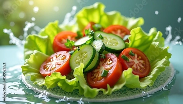 Fototapeta Fresh Tomato Cucumber Salad with Lettuce