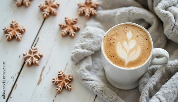 Fototapeta Latte Art with Snowflake Cookie and Blanket