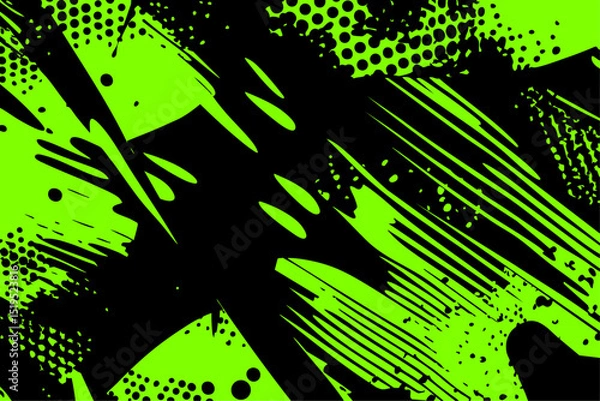 Fototapeta Vibrant abstract vector background. Energetic lime green and black design featuring dynamic strokes, halftone dots, and grunge splatters for a modern, edgy look.