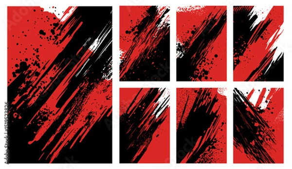 Fototapeta Dynamic abstract vector set. Intense red and black grunge backgrounds with aggressive brush strokes and ink splatters. Perfect for energetic, edgy designs, posters, and action-themed graphics.