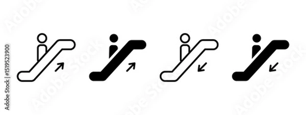 Fototapeta Escalator icon. Person standing on moving staircase with upward and downward arrows vector illustration. Public transport in malls and airports symbol. Automated stairway sign. Mobility pictogram.