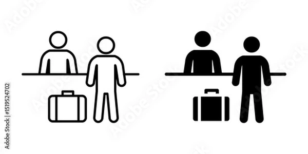 Fototapeta Checkin icon. Passenger standing at service counter with luggage vector illustration. Common in airport terminals and hotel receptions symbol. Travel registration and baggage drop-off pictogram.