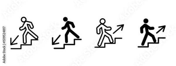 Fototapeta Stairs direction icon. Person walking up and down stairs with directional arrows vector illustration. Step navigation and movement indication symbol. Entrance, exit and alert guidance pictogram.
