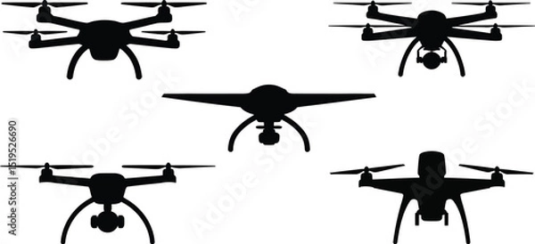 Fototapeta A collection of five drone silhouettes, each with varying designs, displayed against a white background
