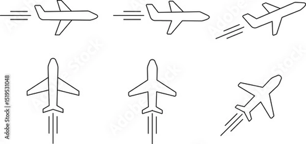 Fototapeta Flying airplane outline icons. Outline version of flying airplane icons with speed lines. Perfect for infographics, air travel apps, and transportation symbols. Vector EPS 10