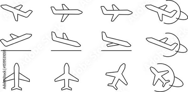 Fototapeta Plane Icons with Orbit Lines. Vector outline airplane icons with curved orbit lines, symbolizing international travel, flights, and global connections. Vector EPS 10