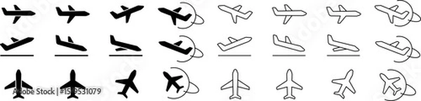 Fototapeta Plane Icons with Orbit Lines. Vector airplane icons with curved orbit lines, symbolizing international travel, flights, and global connections. Vector EPS 10