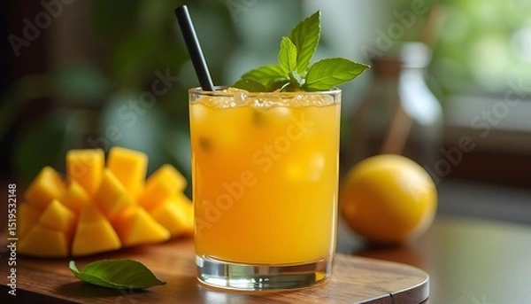 Fototapeta Mango Drink with Mint on Wooden Board