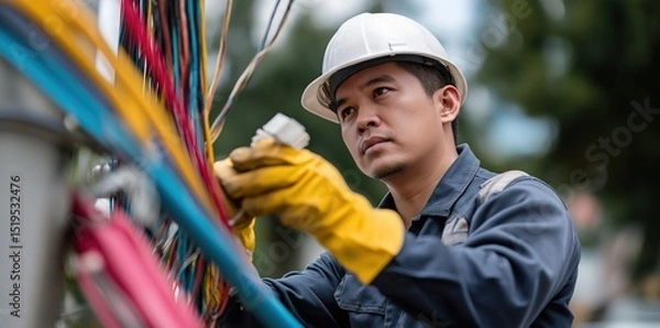 Fototapeta Technician in hard hat and gloves works diligently on colorful wires, showcasing focus and expertise in technical environment. scene reflects professionalism and dedication