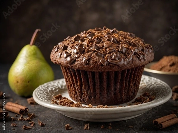 Fototapeta Large chocolate muffin with generous topping of chocolate shavings sits on ornate white plate, accompanied by whole pear, cinnamon sticks to side, against dark backdrop. Muffins texture appears moist.