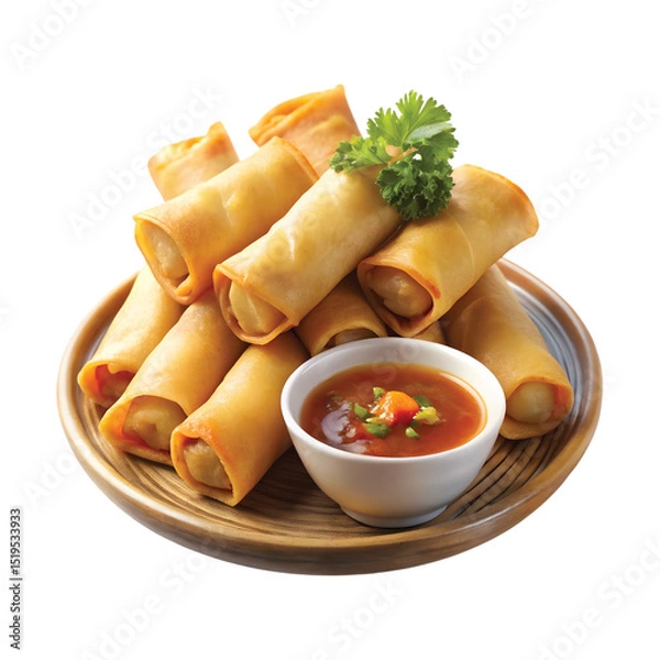 Obraz Spring Rolls: Golden crispy mini spring rolls served with dipping sauce, PNG