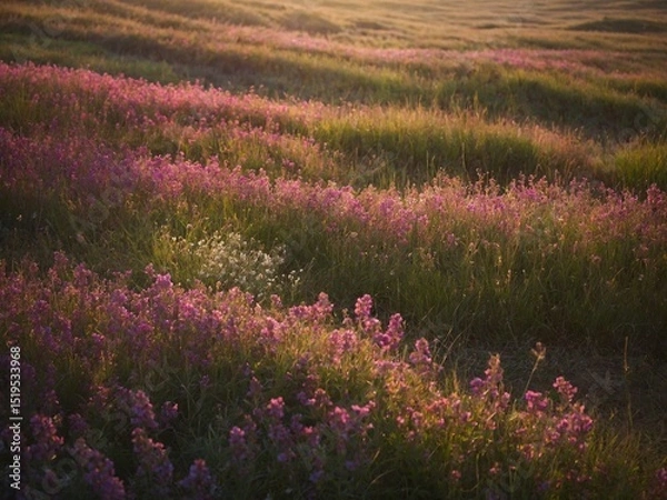Fototapeta Serene landscape of rolling hills covered in purple wildflowers bathed in warm, golden light of either sunrise, sunset. Undulating terrain creates textured appearance.
