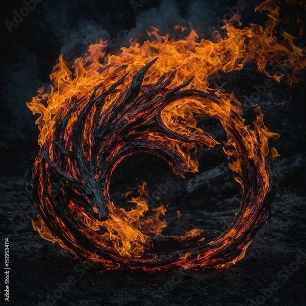 Fototapeta Wooden structure engulfed in flames, forming spiral shape reminiscent of fiery vortex. Intense blaze emits warm glow, highlighting intricate patterns of wood.