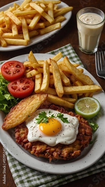 Fototapeta Plate of food presented on wooden table, featuring corned beef hash topped with fried egg, dollop of white sauce. Accompanying main dish sides of golden french fries, fresh tomato slices, lettuce.