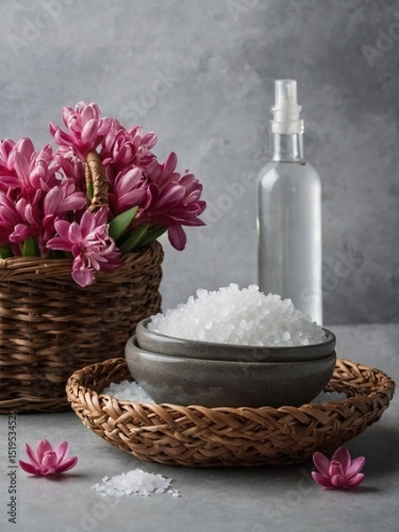 Fototapeta Still life composition features wicker basket holding vibrant pink hyacinth flowers next to bowl of white sea salt crystals on woven tray, with clear spray bottle in background.