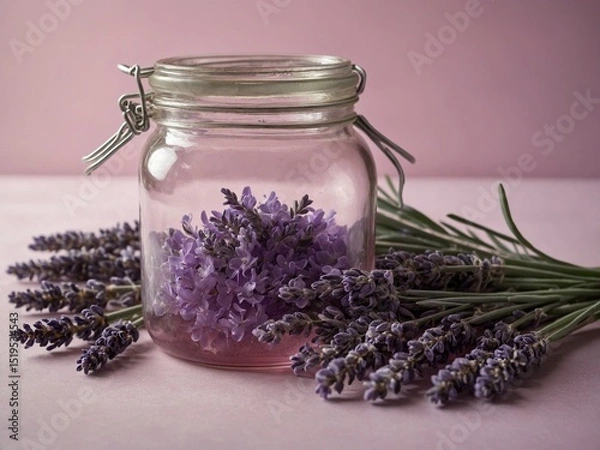 Fototapeta Glass jar filled with lavender salt placed against soft pink background, accompanied by several sprigs of fresh lavender lying beside it. Jar, with hinged lid, metal clasp, has translucent quality.